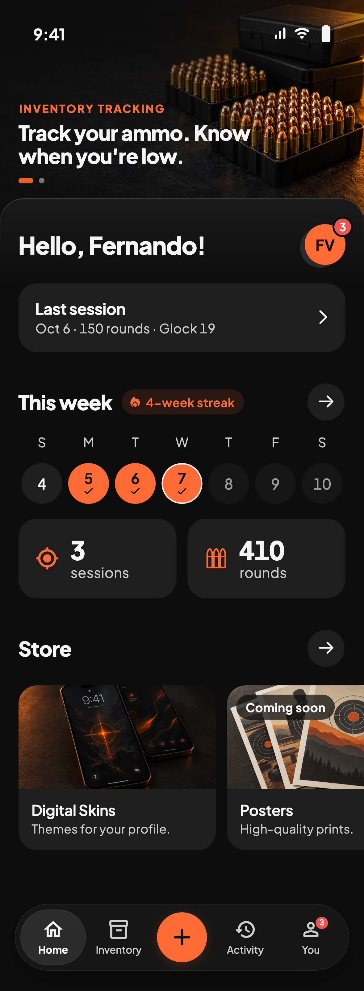 ZeroPoint home showing recent activity and a weekly range streak