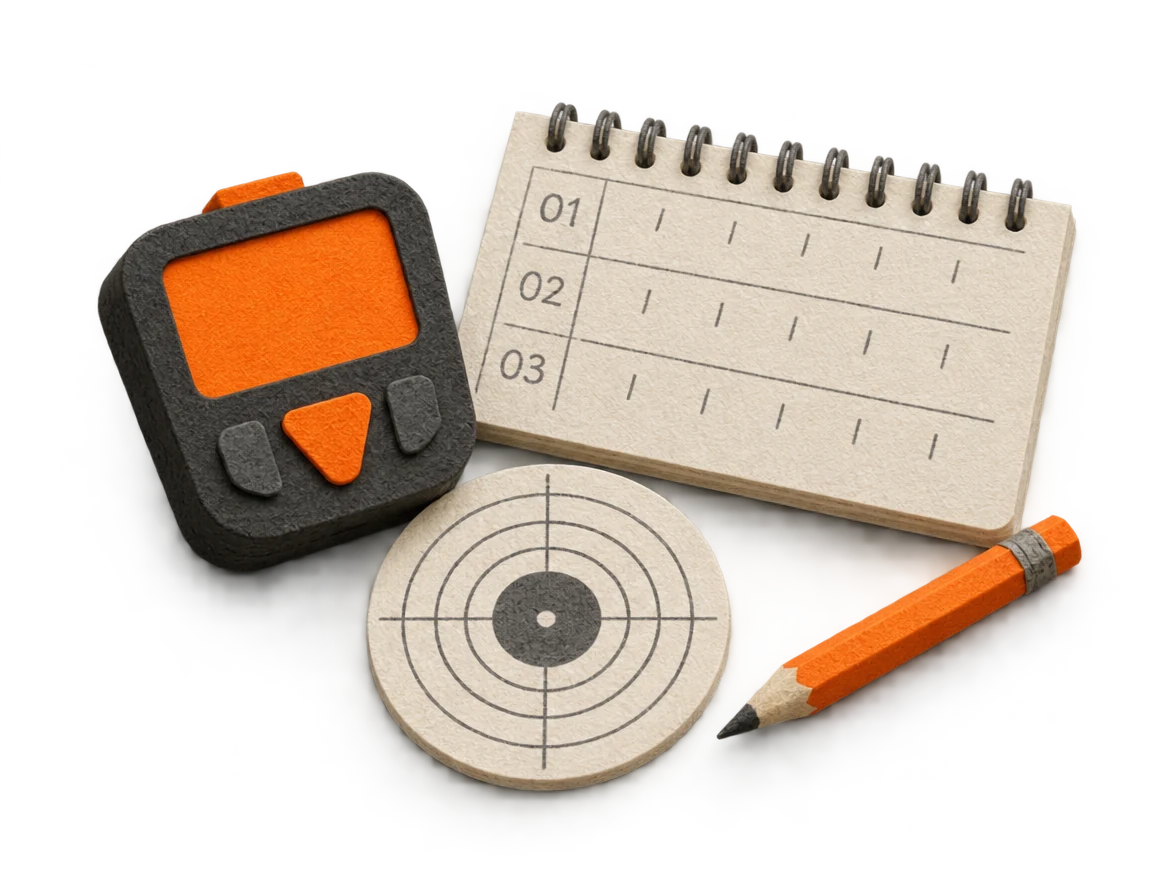 Match scorebook, timer, target, and pencil illustrating planned competition logging