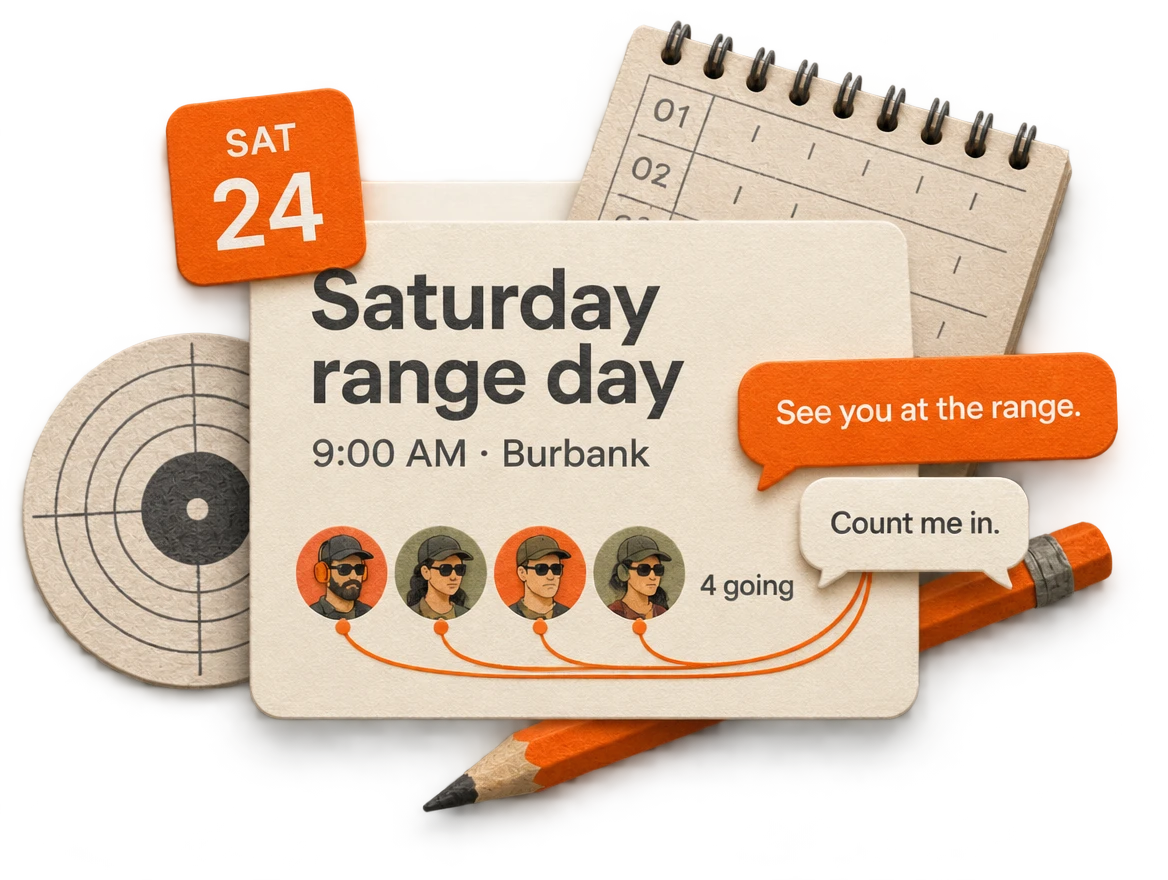 Illustrated range-day plan with calendar, four crew members and connected conversation bubbles.