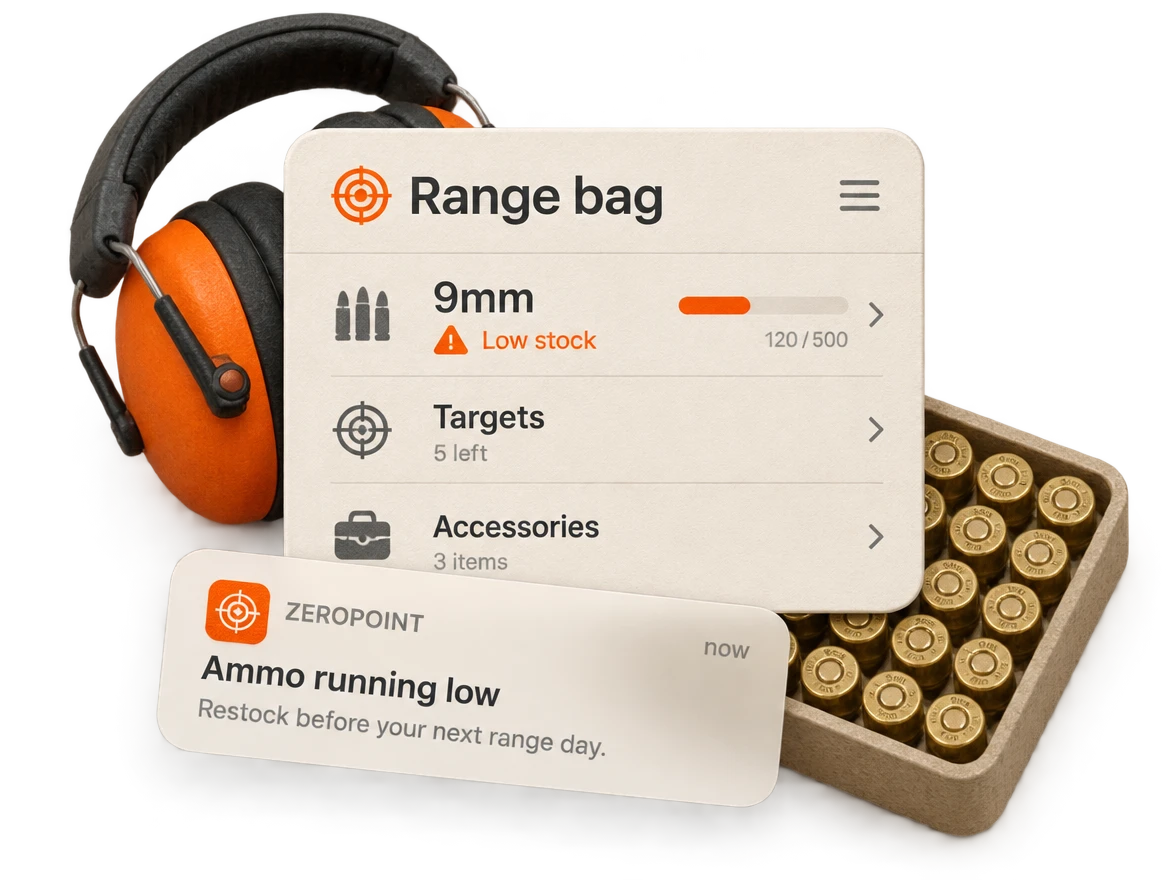 Illustrated range inventory with hearing protection, ammo and an overlapping low-stock push alert.