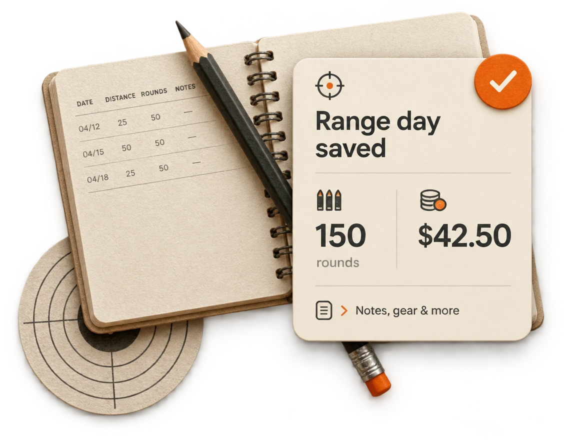 Illustrated session summary woven into an open range notebook, with rounds, costs, pencil and target.