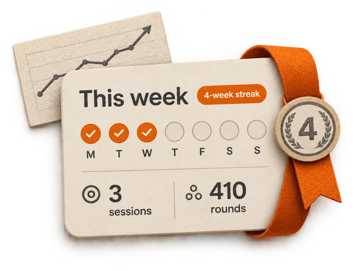 Illustrated weekly activity panel with checked range days and a four-week milestone ribbon wrapped around it.