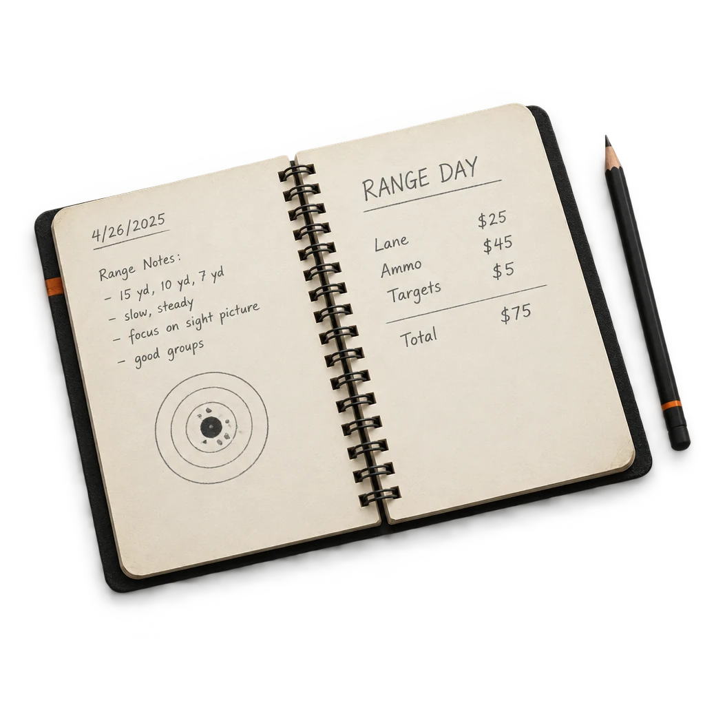 Range notebook listing lane, ammo, and target costs