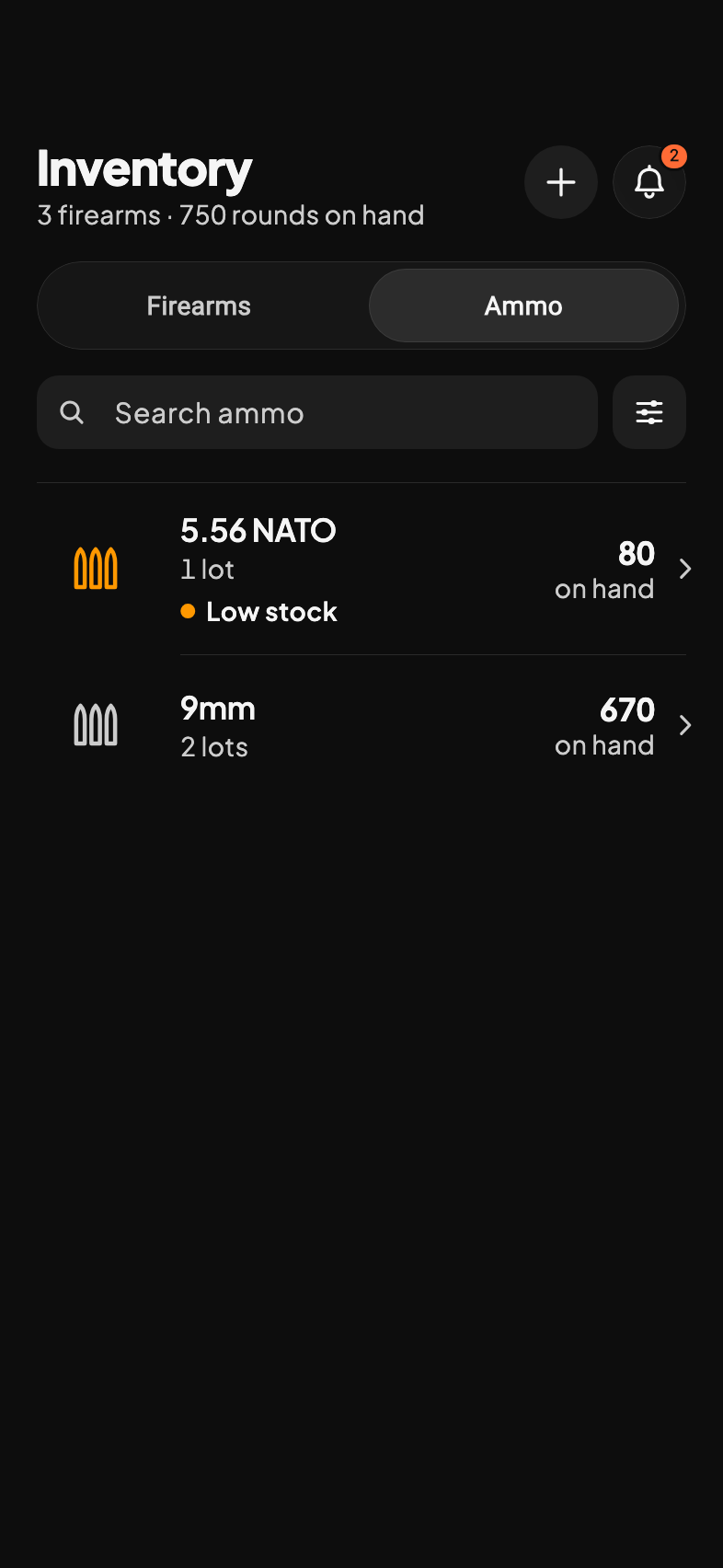ZeroPoint ammo inventory with quantities and low-stock indicators
